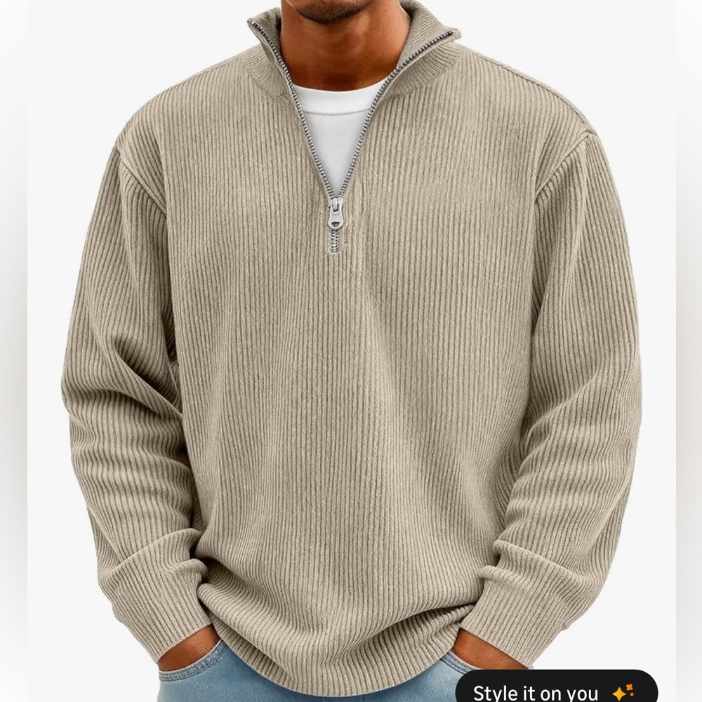 Amazon Mens Corduroy Sweatshirt Casual Stand Collar Quarter Zip Size M Kahki NWT